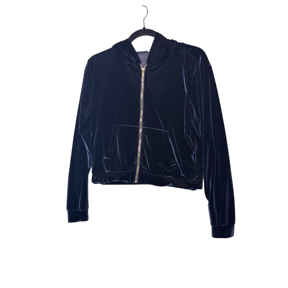 Fabletics Donna Velour Hoodie M Navy Velvet Gold Zip Cropped Athleisure Y2K